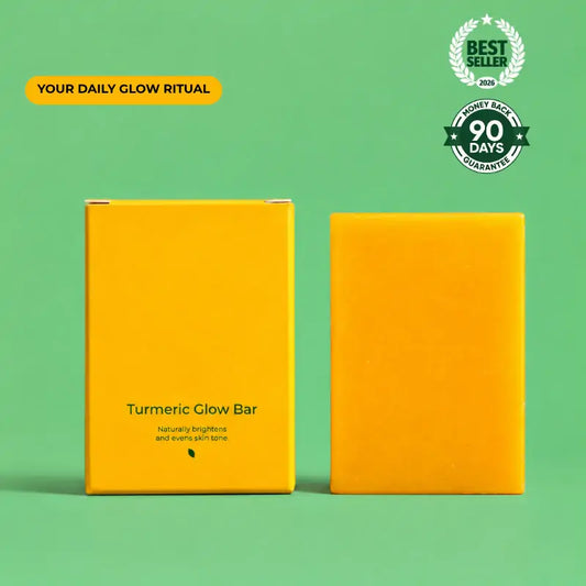 Yellow ELVYNECO Turmeric Glow Bar box beside the soap bar on green with best seller and 90-day money back badges